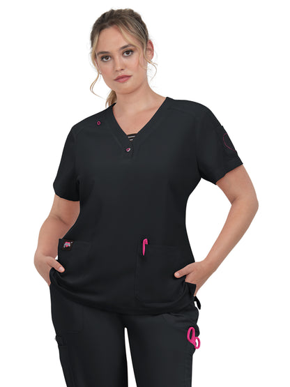 Women's 3-Pocket Striped Trim Kennedia Scrub Top - B128 - Black