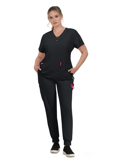 Women's 3-Pocket Striped Trim Kennedia Scrub Top - B128 - Black