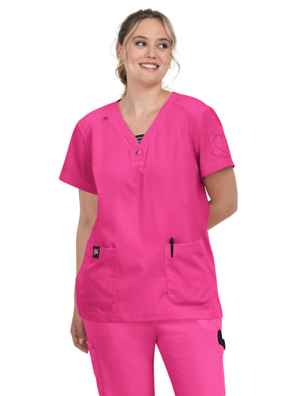 Women's Three-Pocket Striped Trim Kennedia Top - B128 - Flamingo