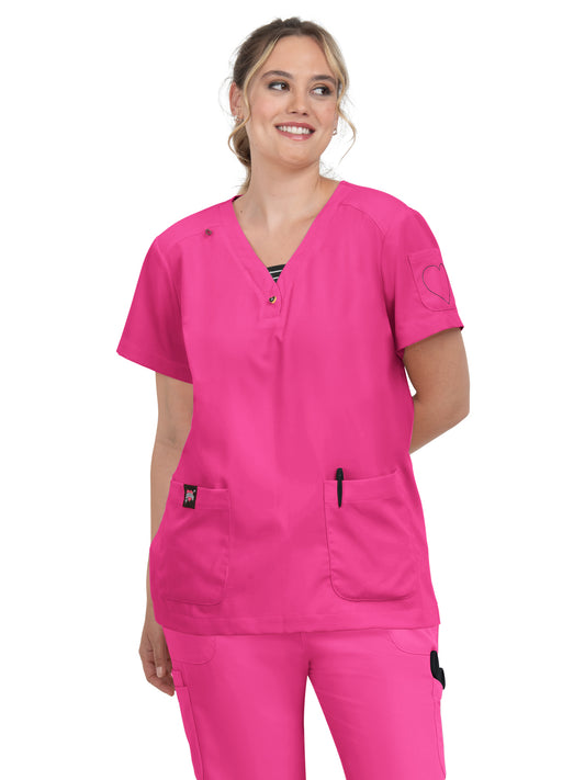 Women's 3-Pocket Striped Trim Kennedia Scrub Top - B128 - Flamingo