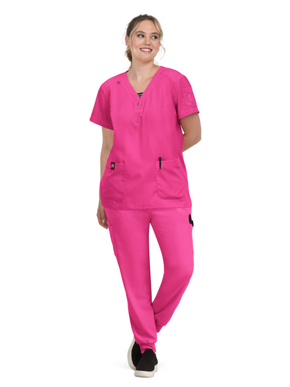 Women's 3-Pocket Striped Trim Kennedia Scrub Top - B128 - Flamingo