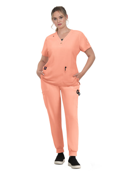 Women's 3-Pocket Striped Trim Kennedia Scrub Top - B128 - Peach