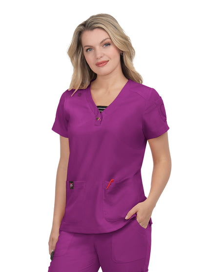 Women's Three-Pocket Striped Trim Kennedia Top - B128 - Berry