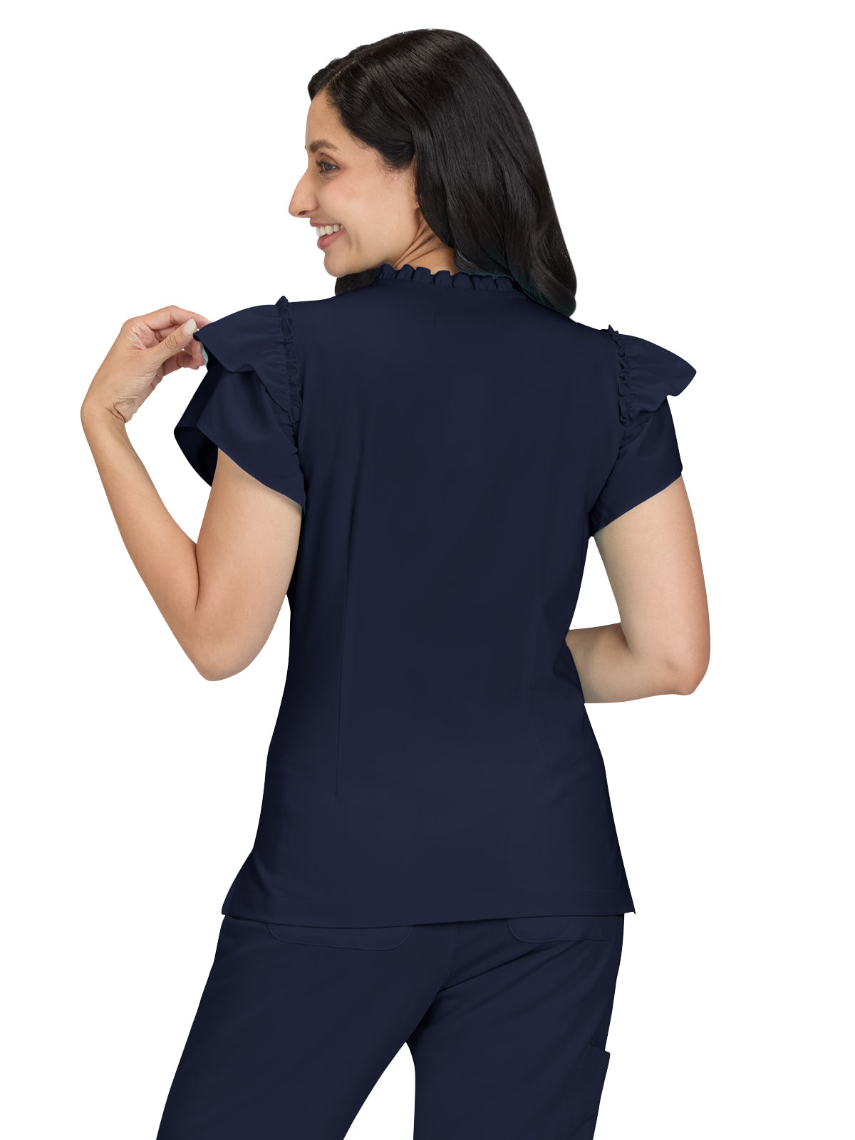 Women's 2-Pocket Ruffle Sleeve and Ruffle Collar Clary Scrub Top - B131 - Navy