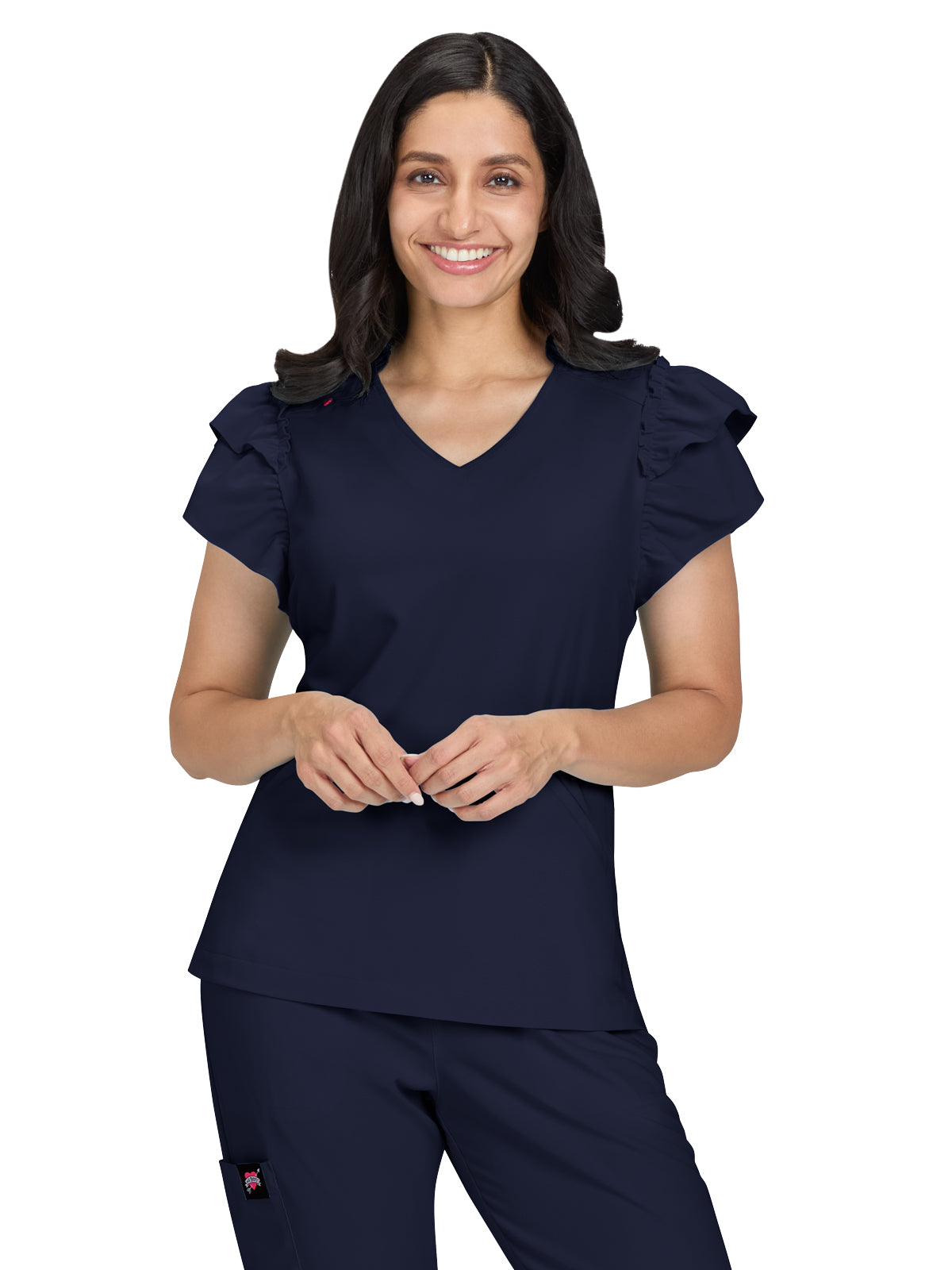 Women's Two-Pocket Ruffle Sleeve and Ruffle Collar Clary Top - B131 - Navy