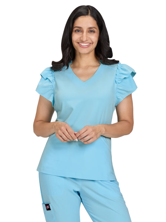 Women's Two-Pocket Ruffle Sleeve and Ruffle Collar Clary Top - B131 - Sky