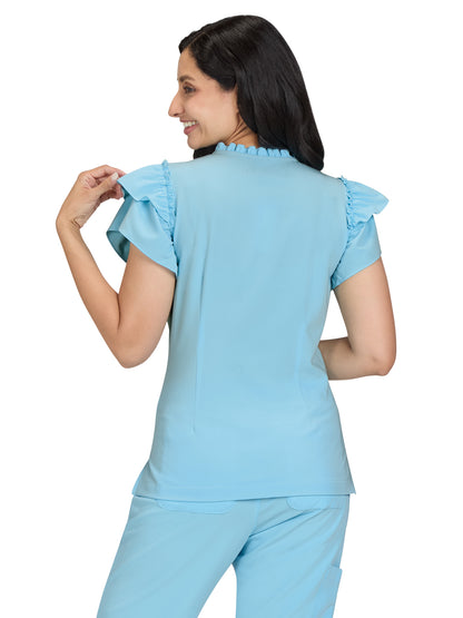 Women's 2-Pocket Ruffle Sleeve and Ruffle Collar Clary Scrub Top - B131 - Sky