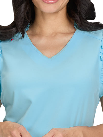 Women's 2-Pocket Ruffle Sleeve and Ruffle Collar Clary Scrub Top - B131 - Sky