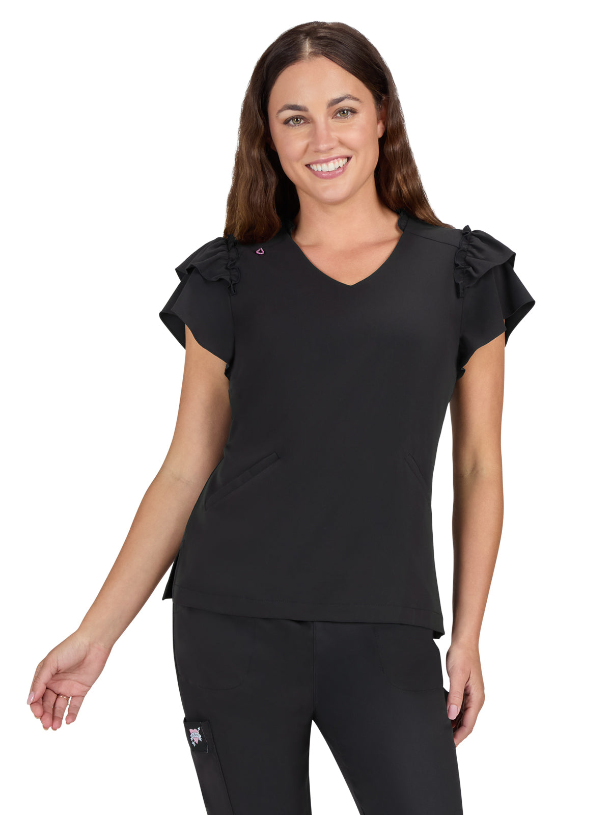 Women's 2-Pocket Ruffle Sleeve and Ruffle Collar Clary Top - B131 - Black