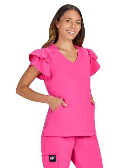 Women's Two-Pocket Ruffle Sleeve and Ruffle Collar Clary Top - B131 - Flamingo