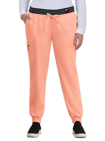 Women's Eight-Pocket Ribbed Cuff Jogger-Style Hollyhock Pant - B705 - Peach
