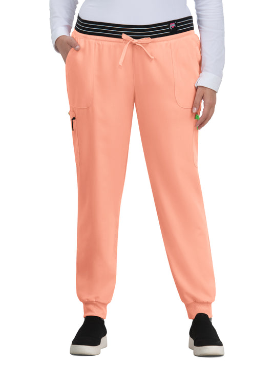Women's Eight-Pocket Ribbed Cuff Jogger-Style Hollyhock Pant - B705 - Peach