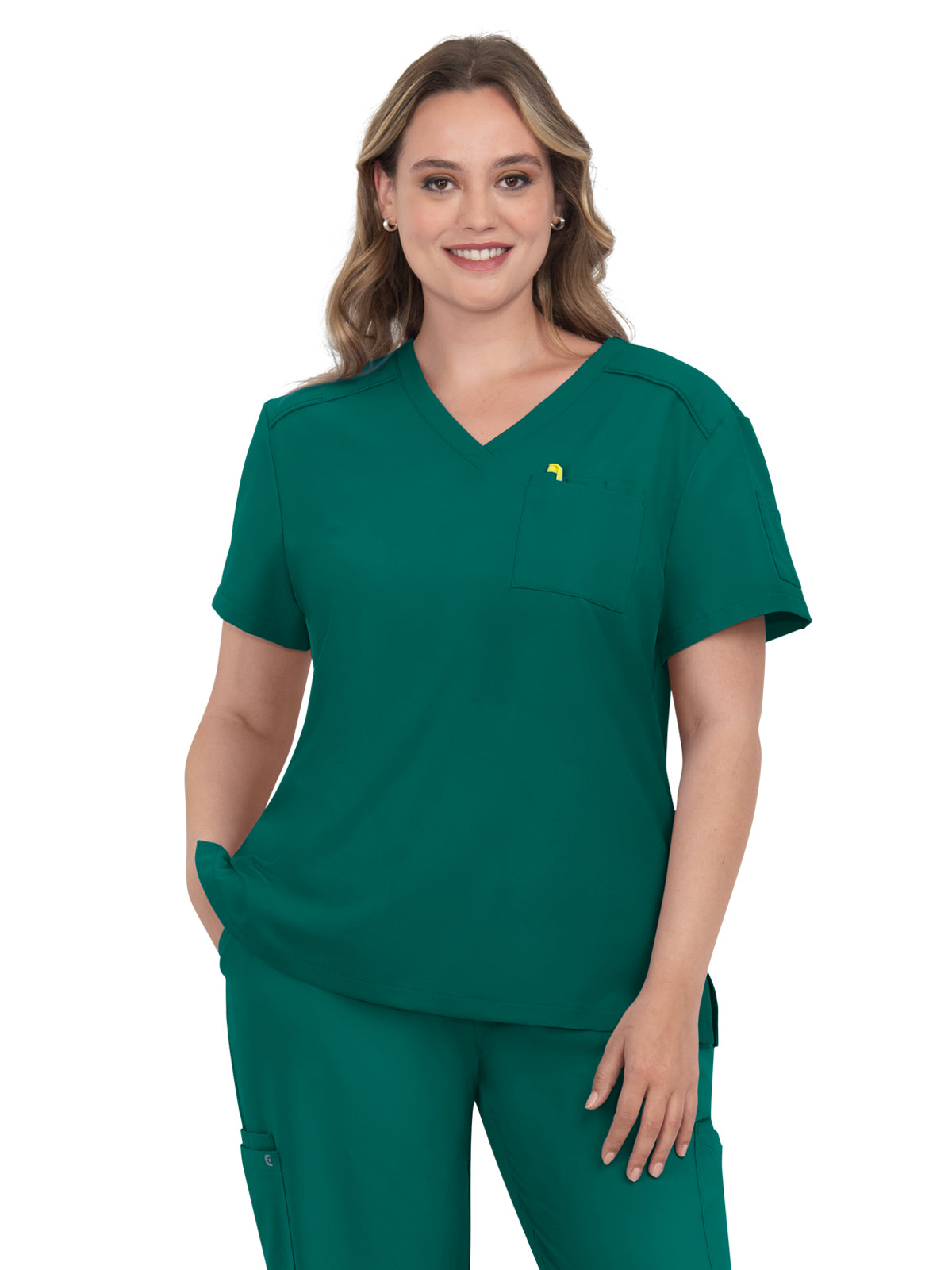 Women's 2-Pocket V-Neck Tuck-In Aura Scrub Top - C100 - Hunter