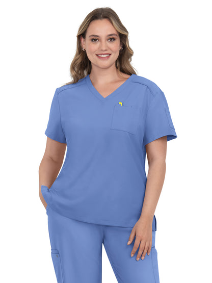 Women's 2-Pocket V-Neck Tuck-In Aura Scrub Top - C100 - True Ceil