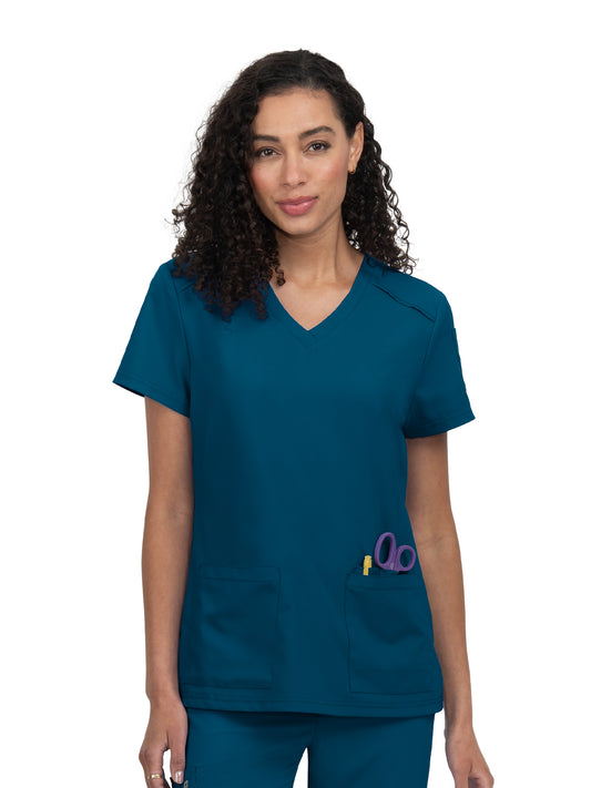 Women's 3-Pocket V-Neck Cardi Scrub Top - C101 - Caribbean Blue