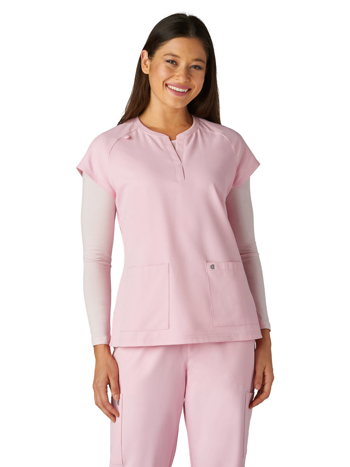 Women's Two-Pocket Split Neckline Reese Scrub Top - C102 - Pretty Pink
