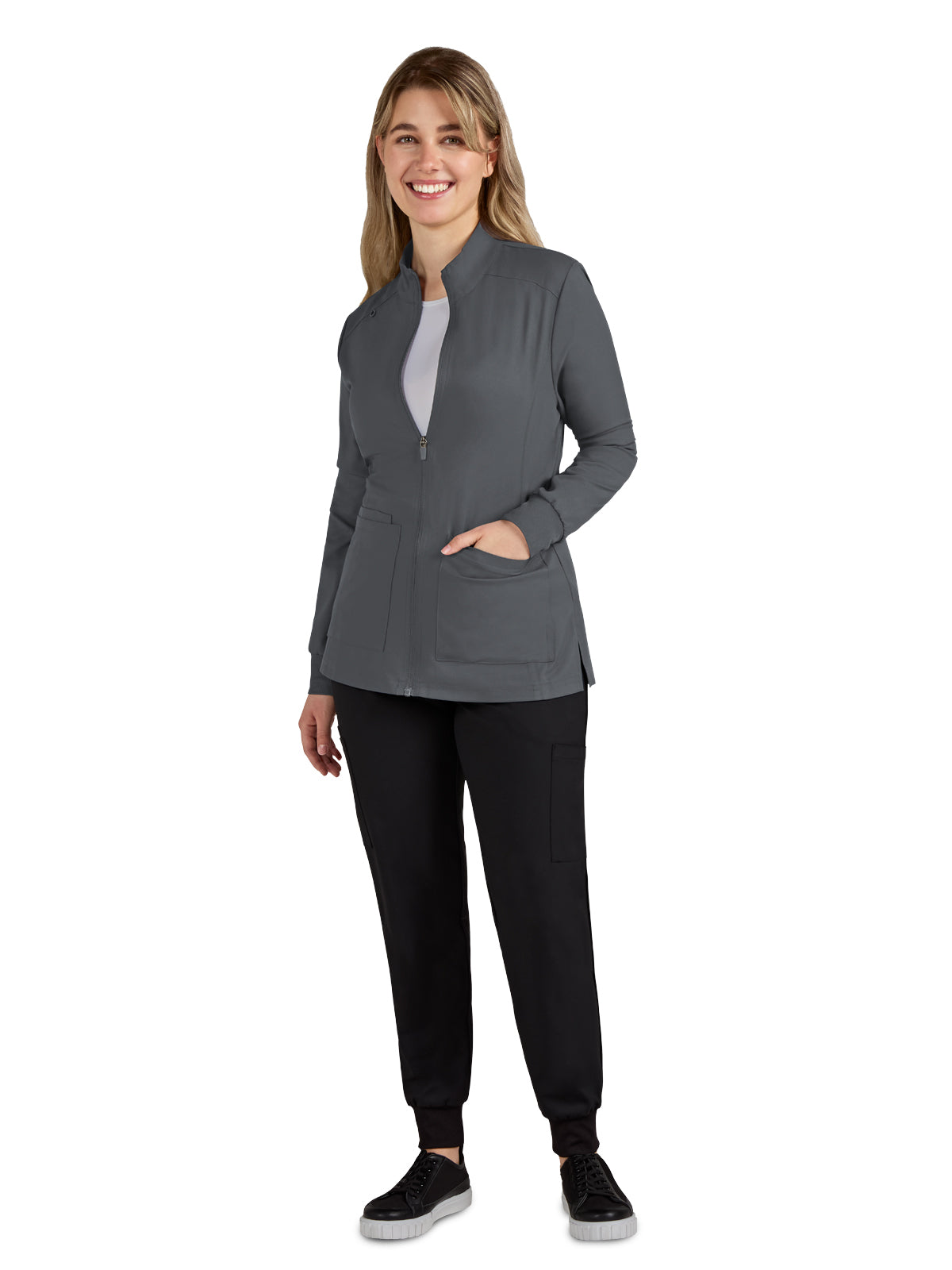 Women's 2-Pocket Zipper-Front Geneses Scrub Jacket - C400 - Pewter