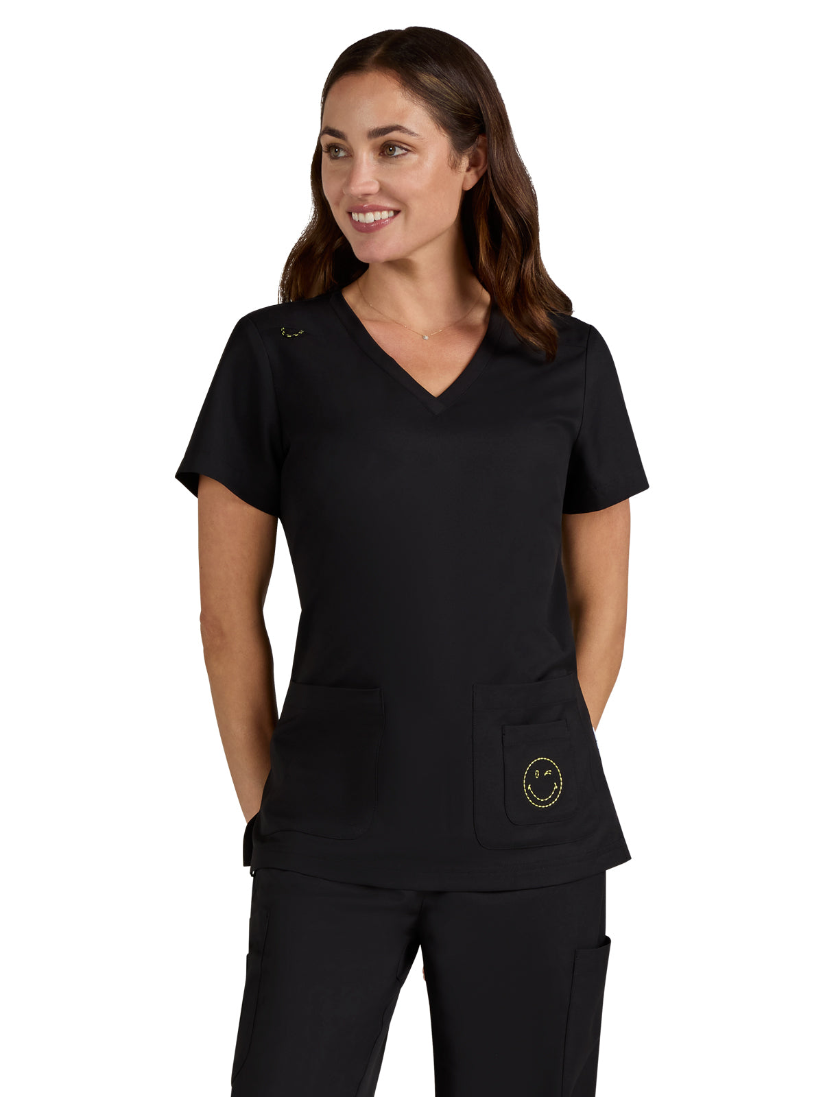 Women's Three-Pocket V-Neck Blissful Top - S101 - Black