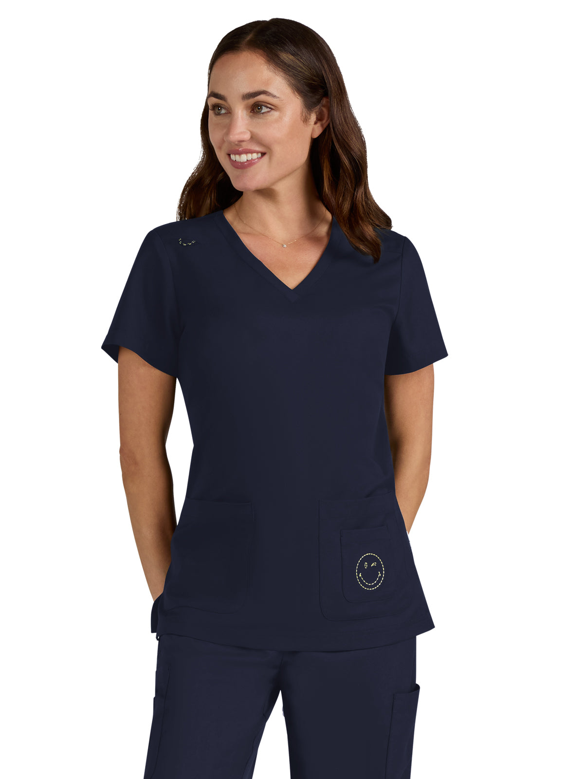 Women's Three-Pocket V-Neck Blissful Top - S101 - Navy