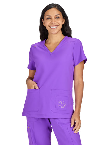 Women's Three-Pocket V-Neck Blissful Top - S101 - Purple Punch