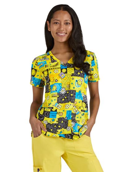 Women's Printed 3-Pocket V-Neck Adoring Scrub Top - S102PR - Keep Smiling