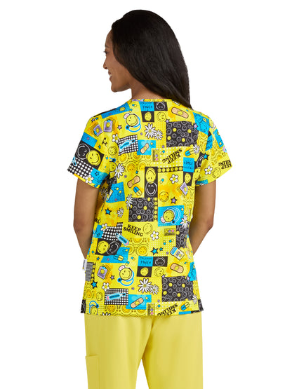 Women's Printed 3-Pocket V-Neck Adoring Scrub Top - S102PR - Keep Smiling