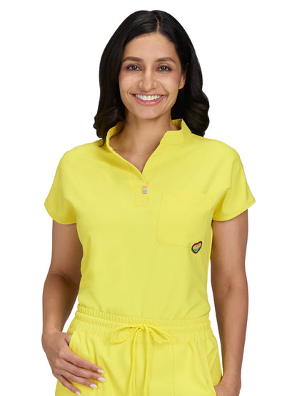 Women's 1-Pocket Split Neck Dolman Sleeve Limited Edition Dreamy Scrub Top - S105L - Loving Yellow