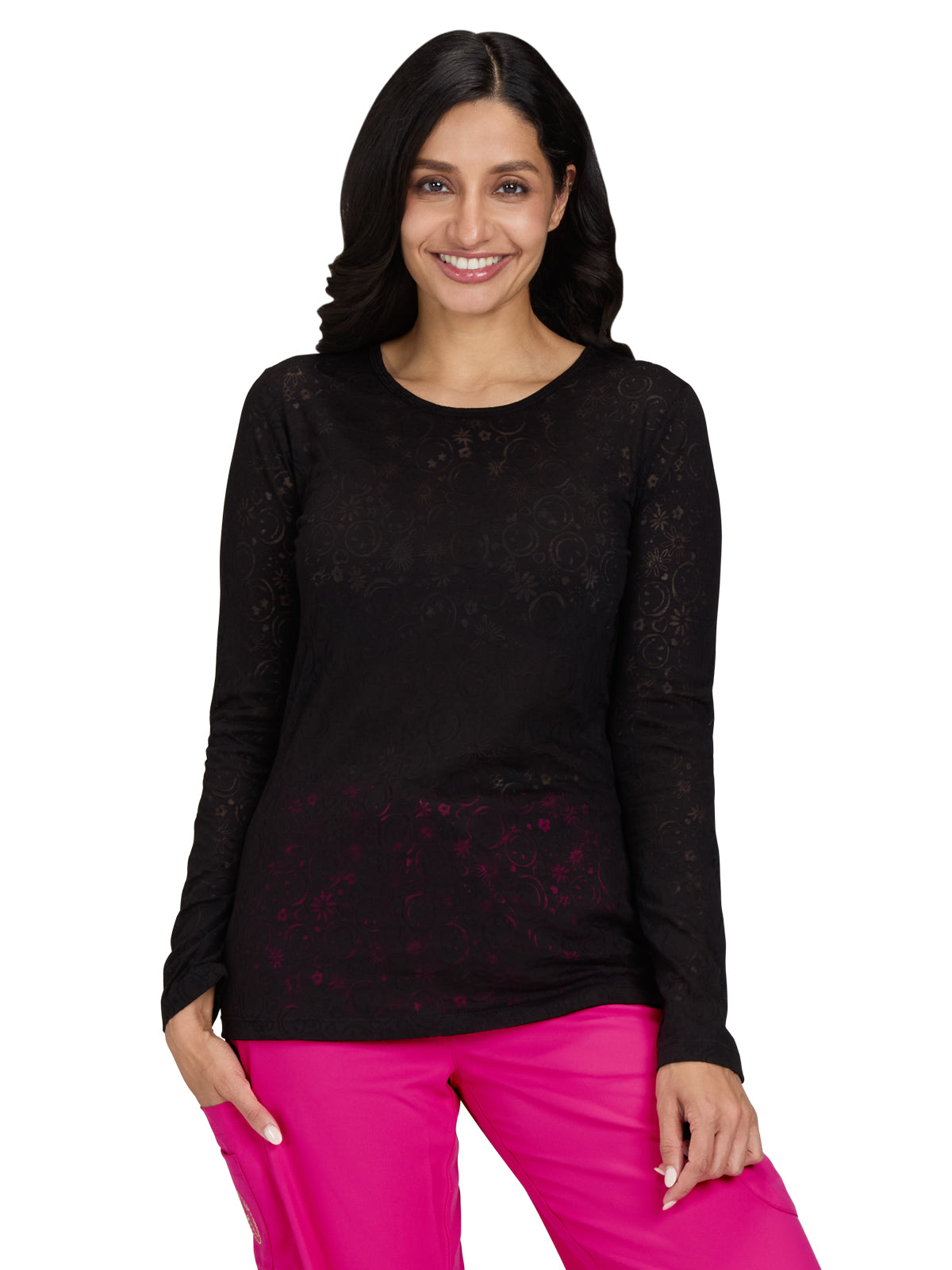 Women's Smiley Face Burnout Design Long Sleeve Kind Underscrub Tee - S106PR - Black