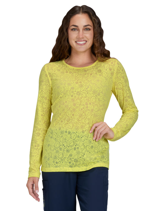 Women's Smiley Face Burnout Design Long Sleeve Kind Underscrub Tee - S106PR - Loving Yellow