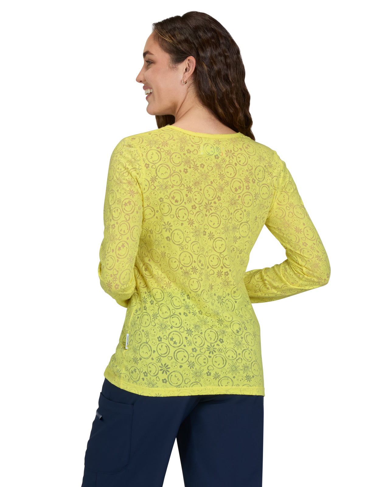 Women's Smiley Face Burnout Design Long Sleeve Kind Underscrub Tee - S106PR - Loving Yellow