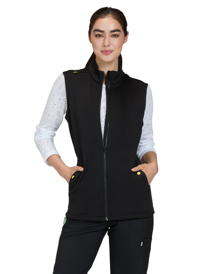 Women's Two-Pocket Embroidered Smiley Face Fleece Amused Vest - S402 - Black