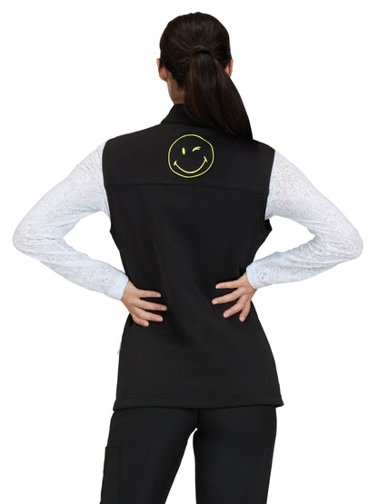 Women's 2-Pocket Embroidered Smiley Face Fleece Amused Vest - S402 - Black