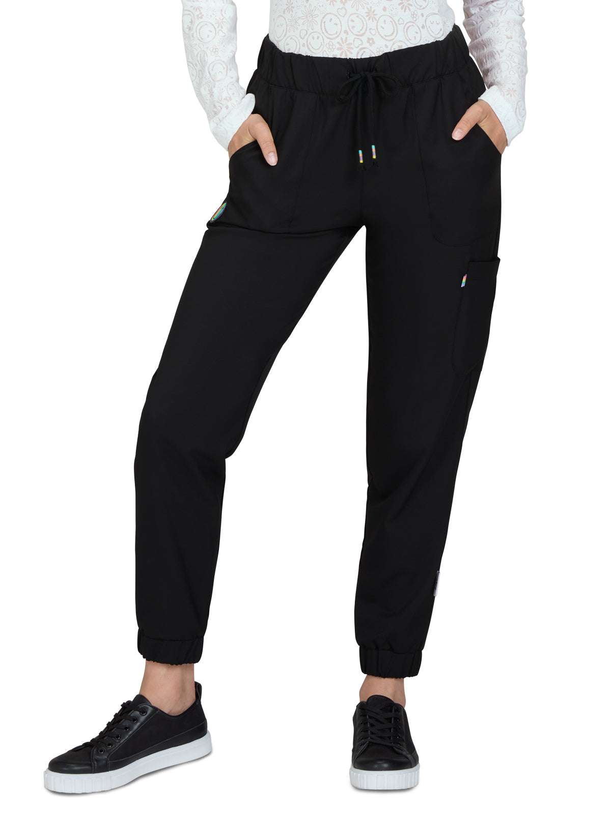 Women's 5-Pocket Limited Edition Jogger-Style Frayed Drawcord Glad Scrub Pant - S702L - Black