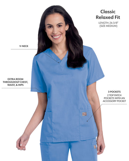 Women's 3-Pocket Clean Back V-Neck Scrub Top - 70221 - Ceil Blue