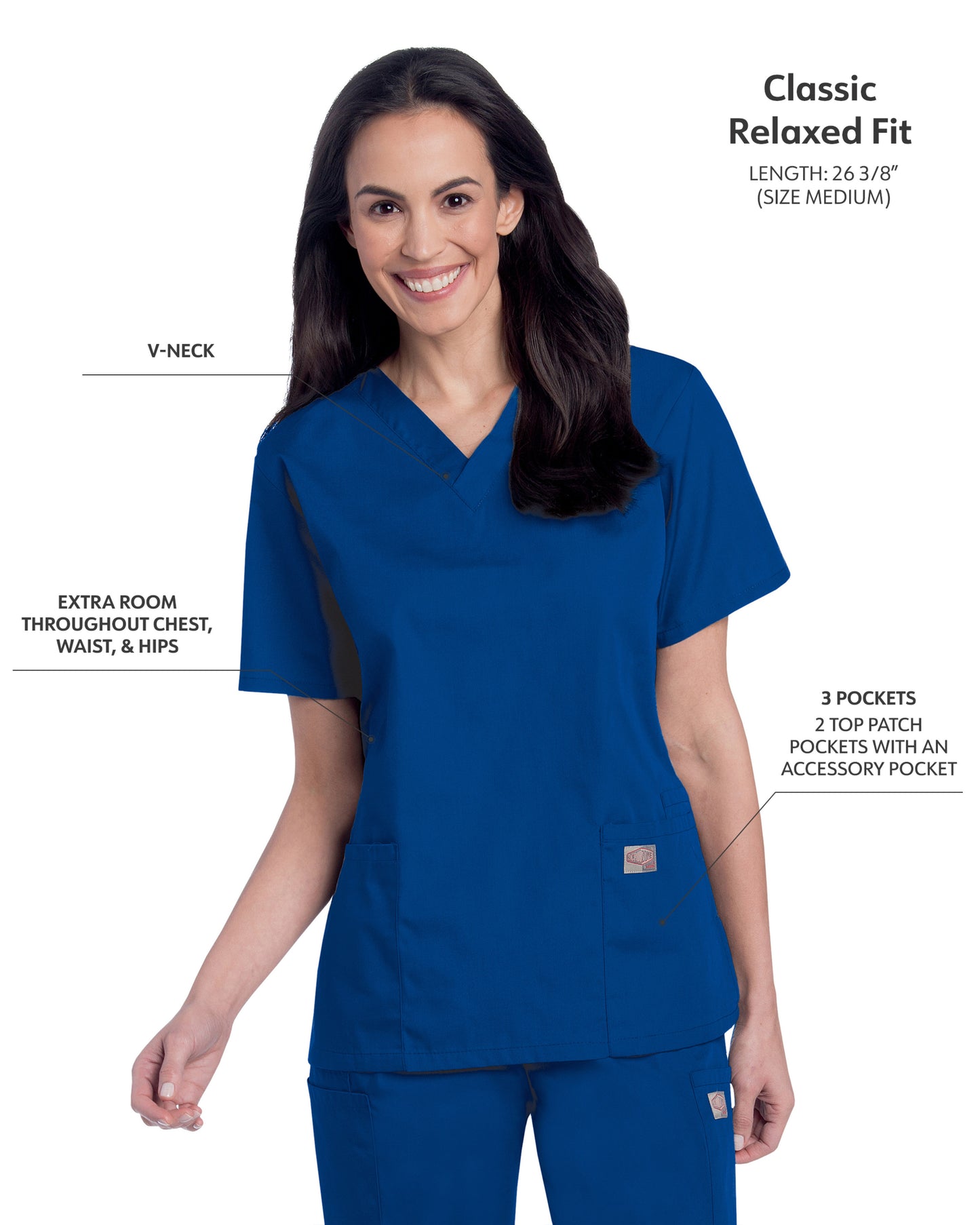 Women's 3-Pocket Clean Back V-Neck Scrub Top - 70221 - Cobalt