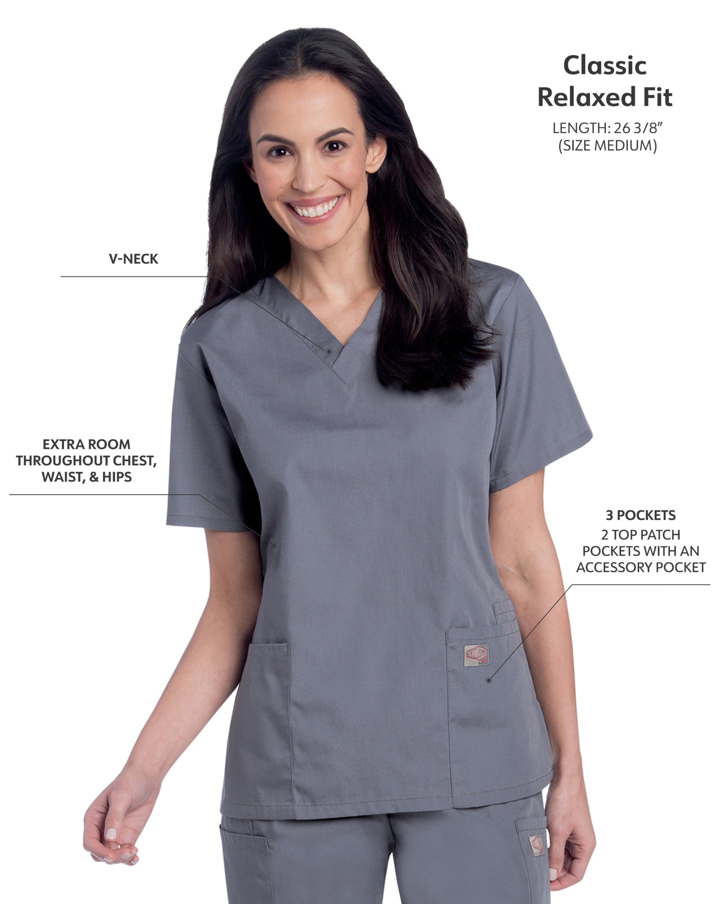 Women's 3-Pocket Clean Back V-Neck Scrub Top - 70221 - Steel Grey