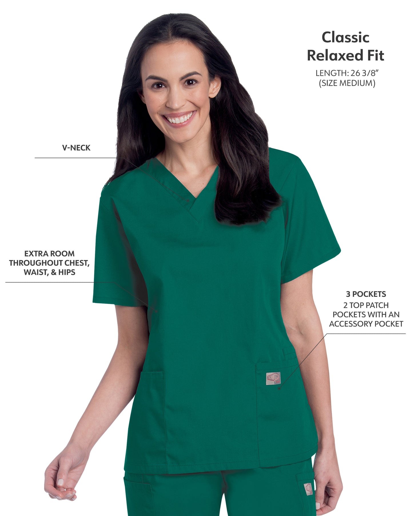 Women's 3-Pocket Clean Back V-Neck Scrub Top - 70221 - Hunter