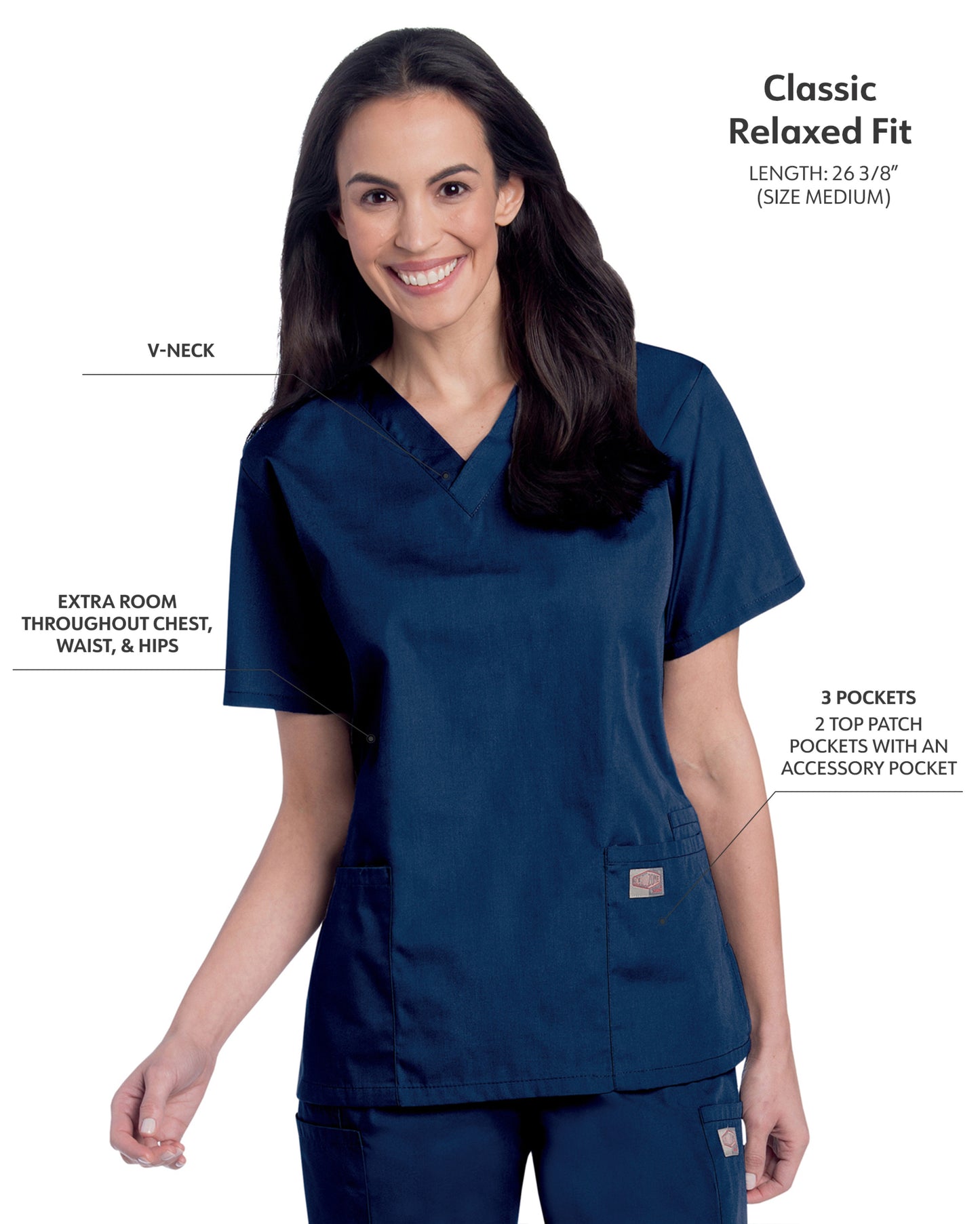 Women's 3-Pocket Clean Back V-Neck Scrub Top - 70221 - Navy