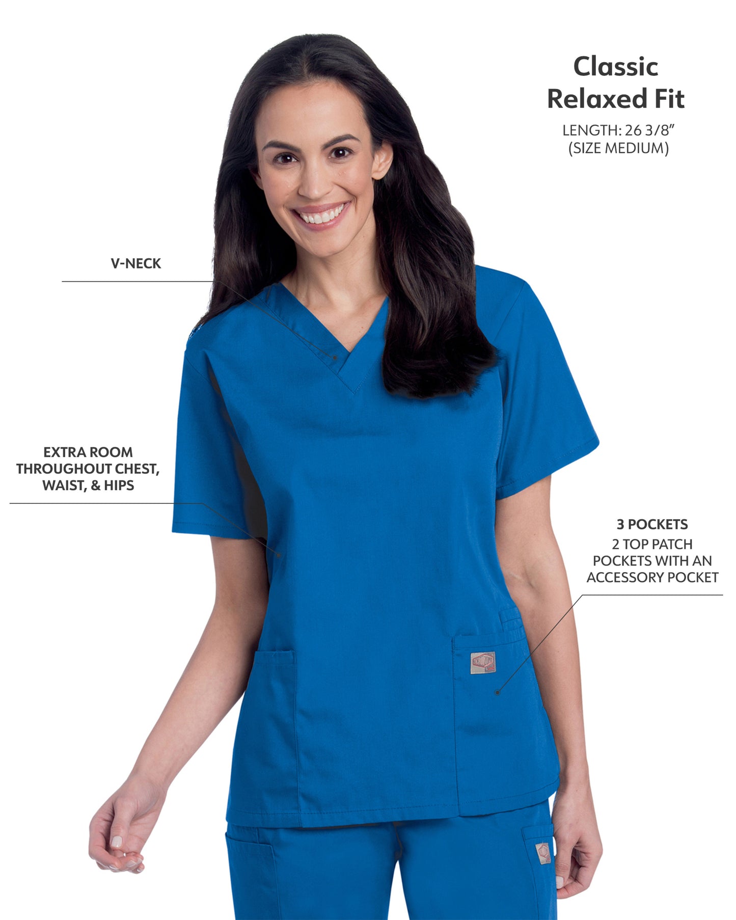 Women's 3-Pocket Clean Back V-Neck Scrub Top - 70221 - Royal Blue