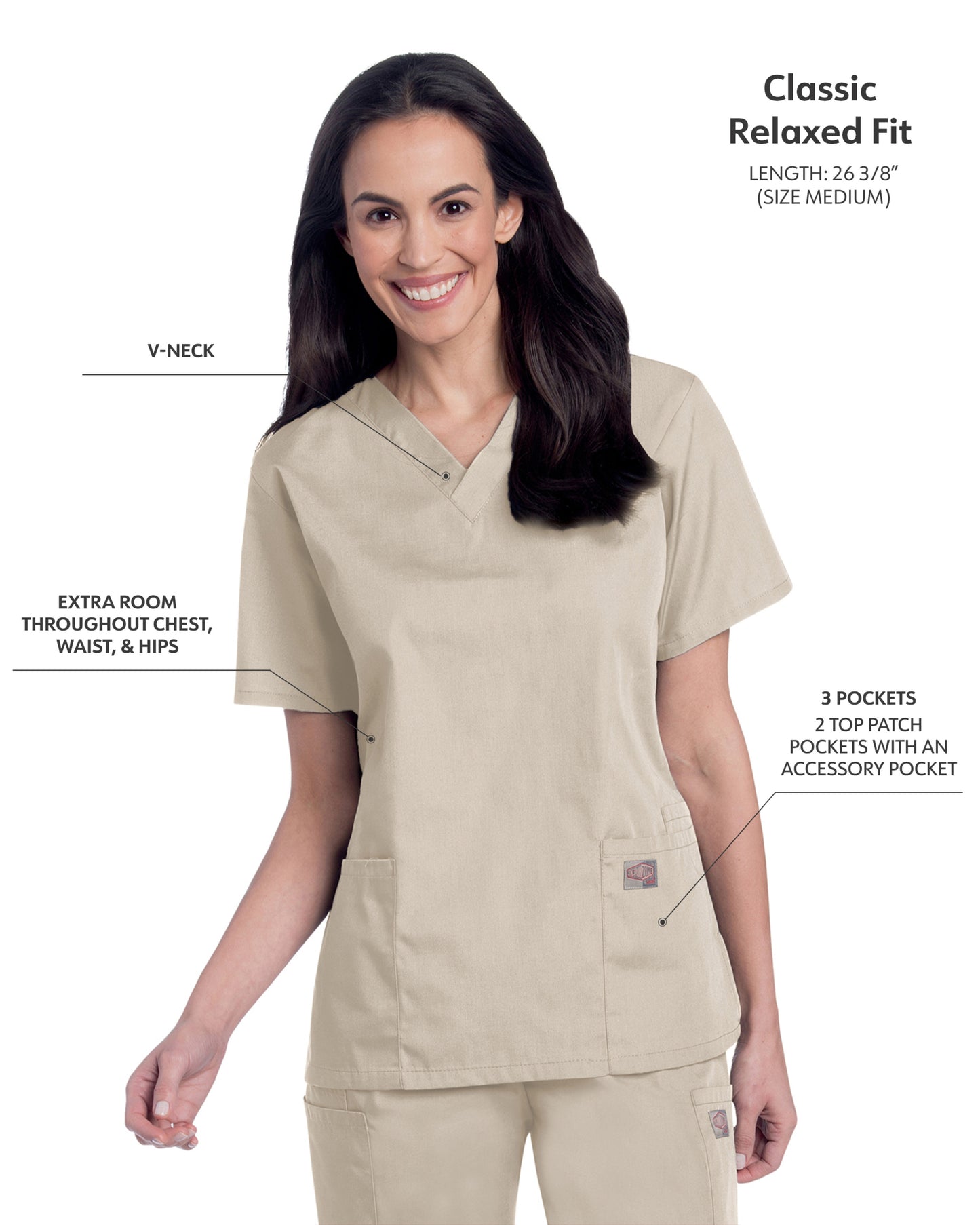 Women's 3-Pocket Clean Back V-Neck Scrub Top - 70221 - Sandstone