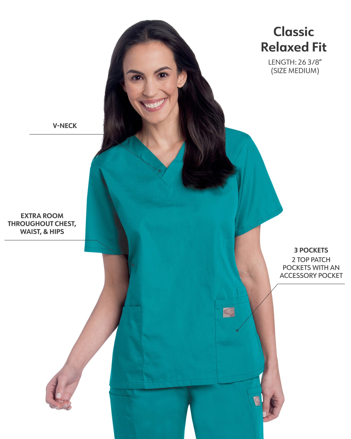 Women's 3-Pocket Clean Back V-Neck Scrub Top - 70221 - Teal