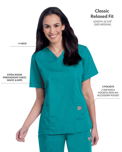 Women's 3-Pocket Clean Back V-Neck Scrub Top - 70221 - Teal