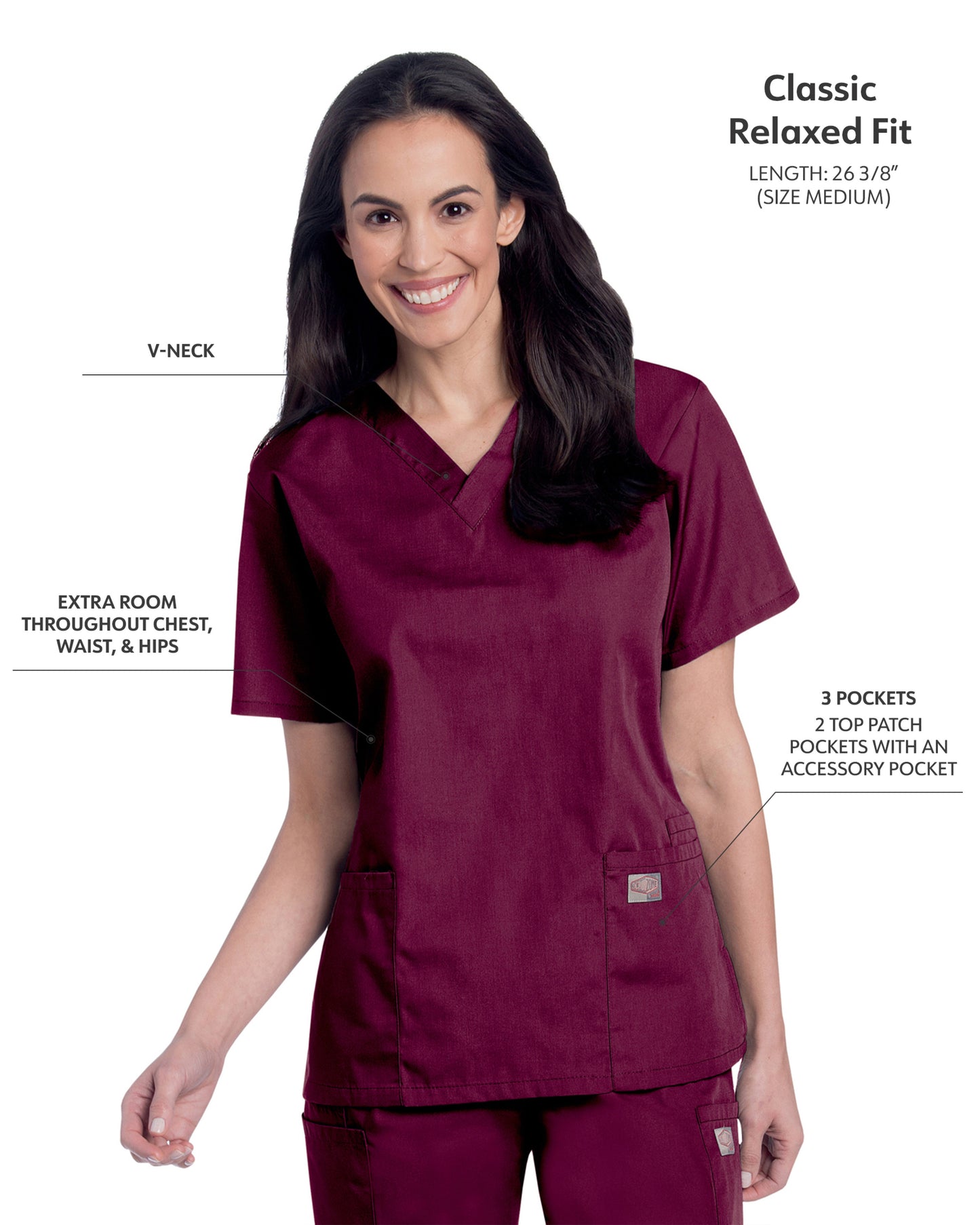 Women's 3-Pocket Clean Back V-Neck Scrub Top - 70221 - Wine