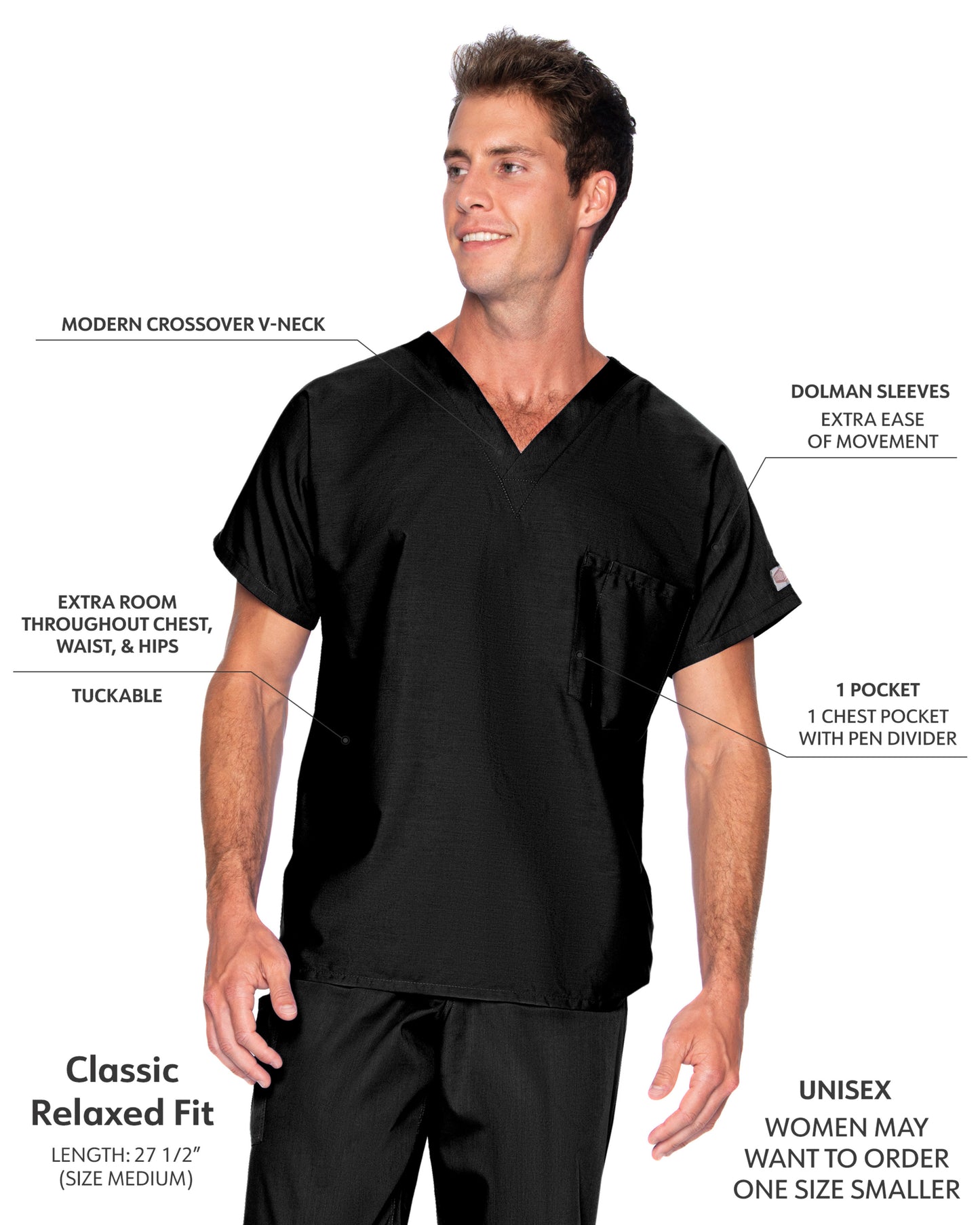 Unisex 1-Pocket Dolman Sleeve Tuckable V-Neck Scrub Top - 71221 - Black