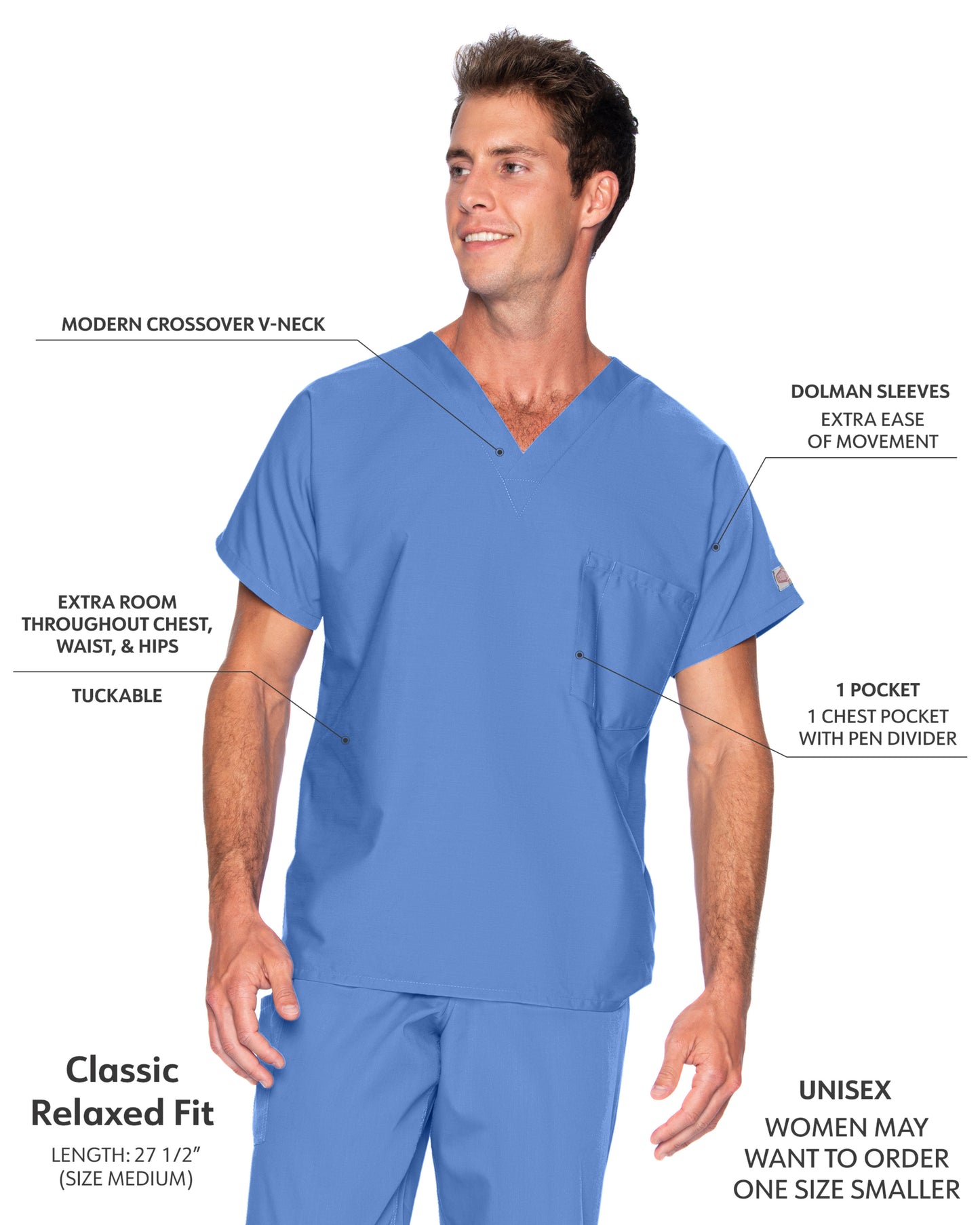 Unisex 1-Pocket Dolman Sleeve Tuckable V-Neck Scrub Top - 71221 - Ceil Blue