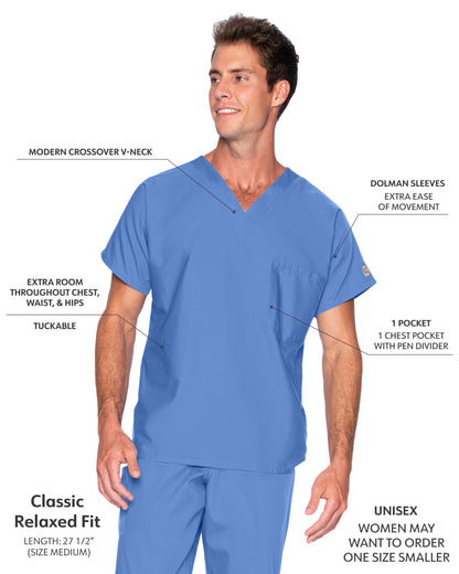 Unisex 1-Pocket Dolman Sleeve Tuckable V-Neck Scrub Top - 71221 - Ceil Blue