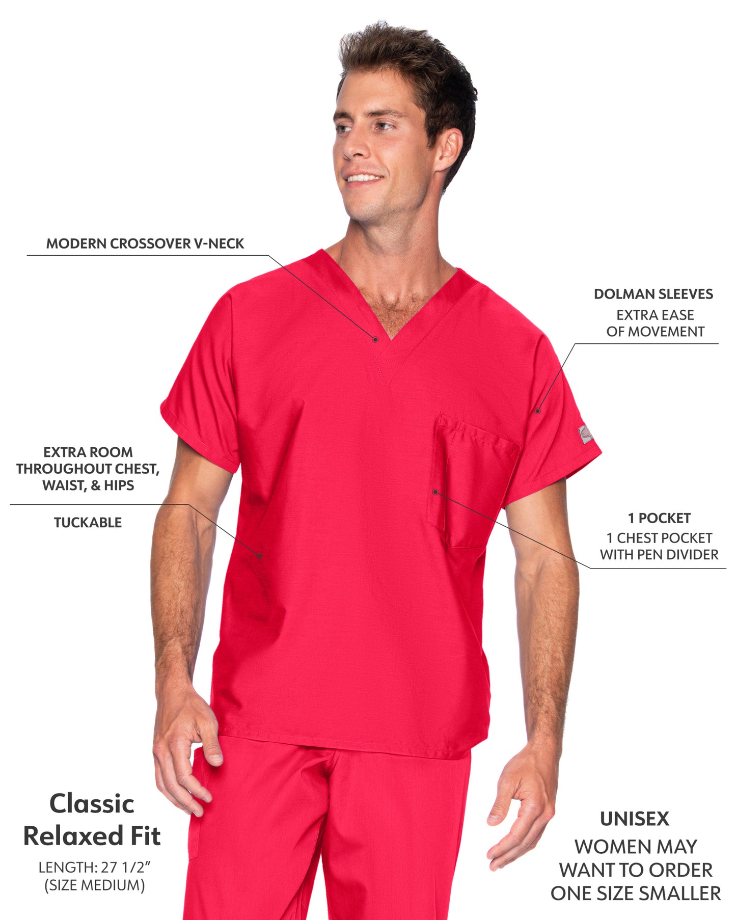 Unisex 1-Pocket Dolman Sleeve Tuckable V-Neck Scrub Top - 71221 - Red