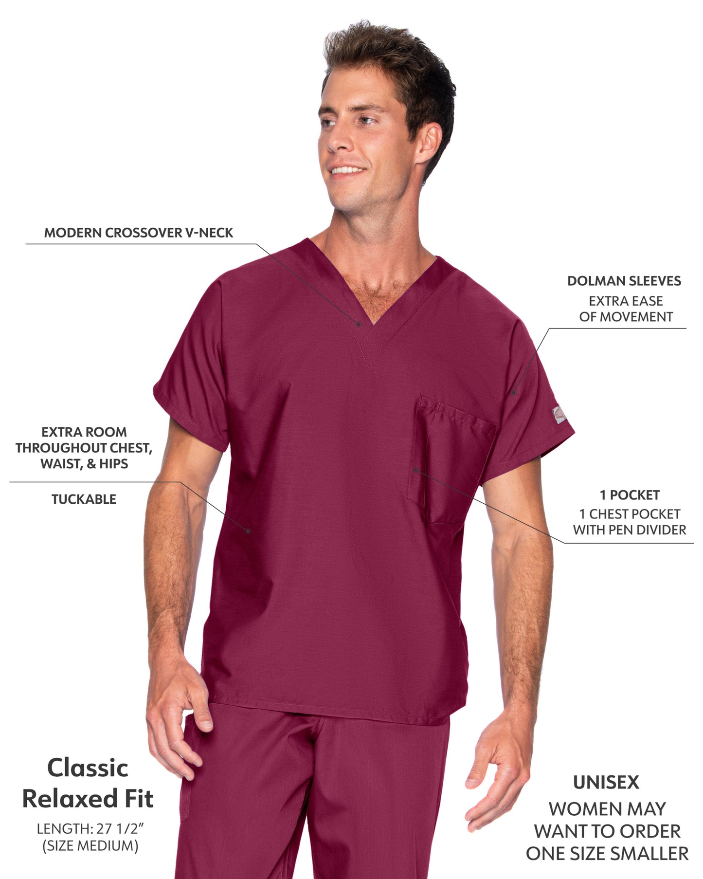 Unisex 1-Pocket Dolman Sleeve Tuckable V-Neck Scrub Top - 71221 - Wine