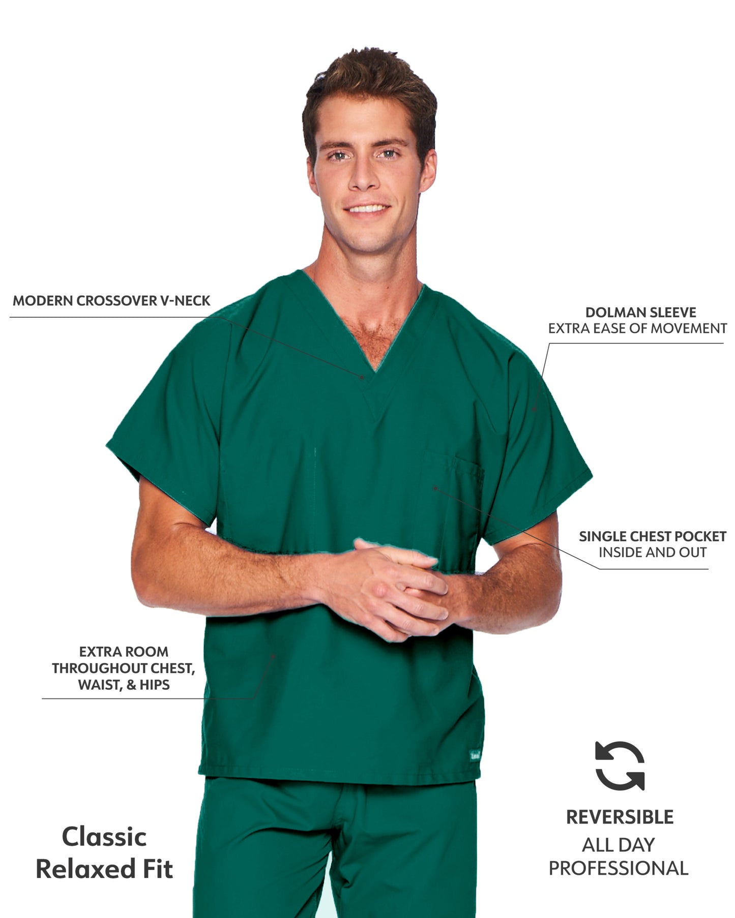 Unisex Reversible 1-Pocket V-Neck Scrub Top - 7502 - Hunter Green