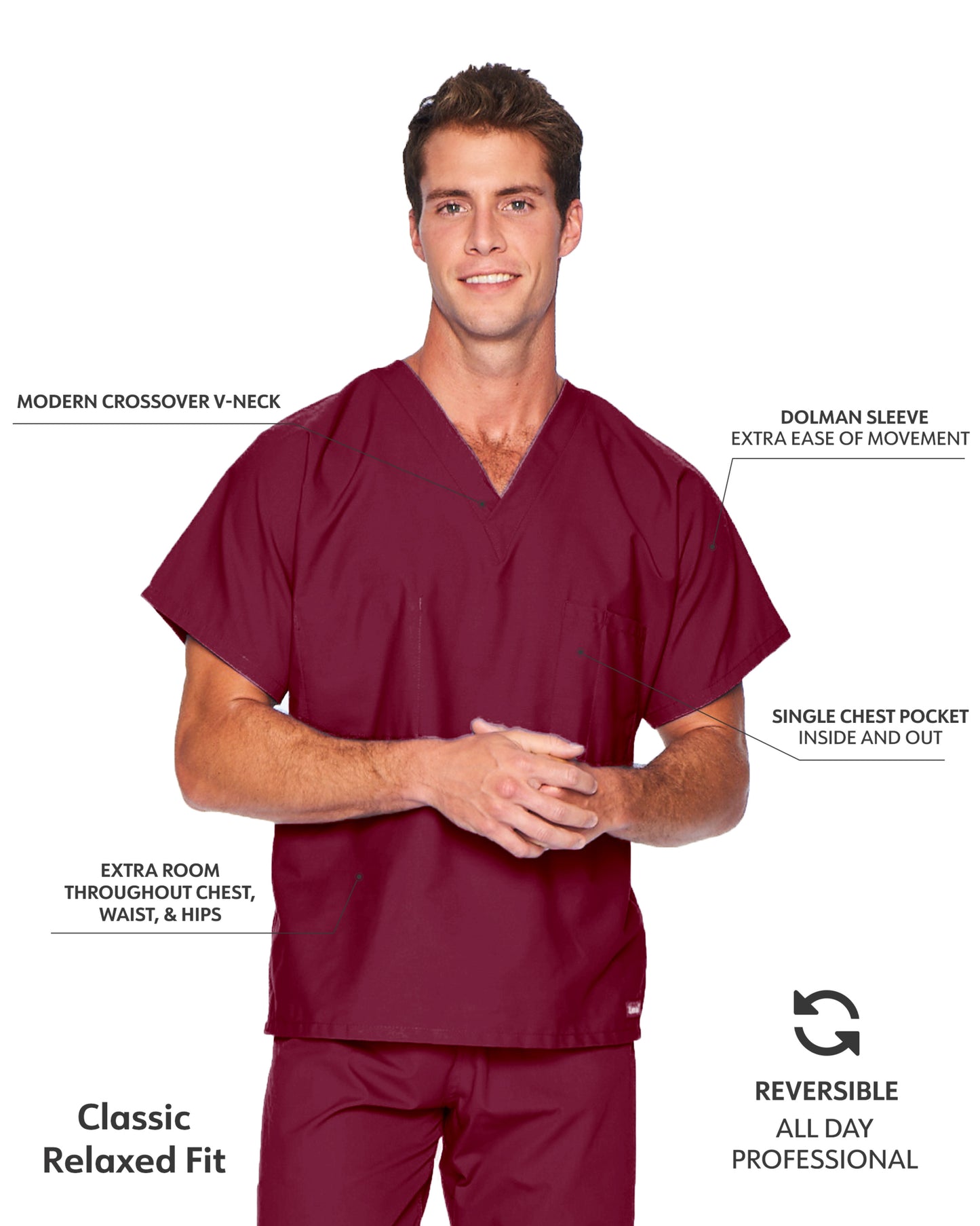 Unisex Reversible 1-Pocket V-Neck Scrub Top - 7502 - Wine